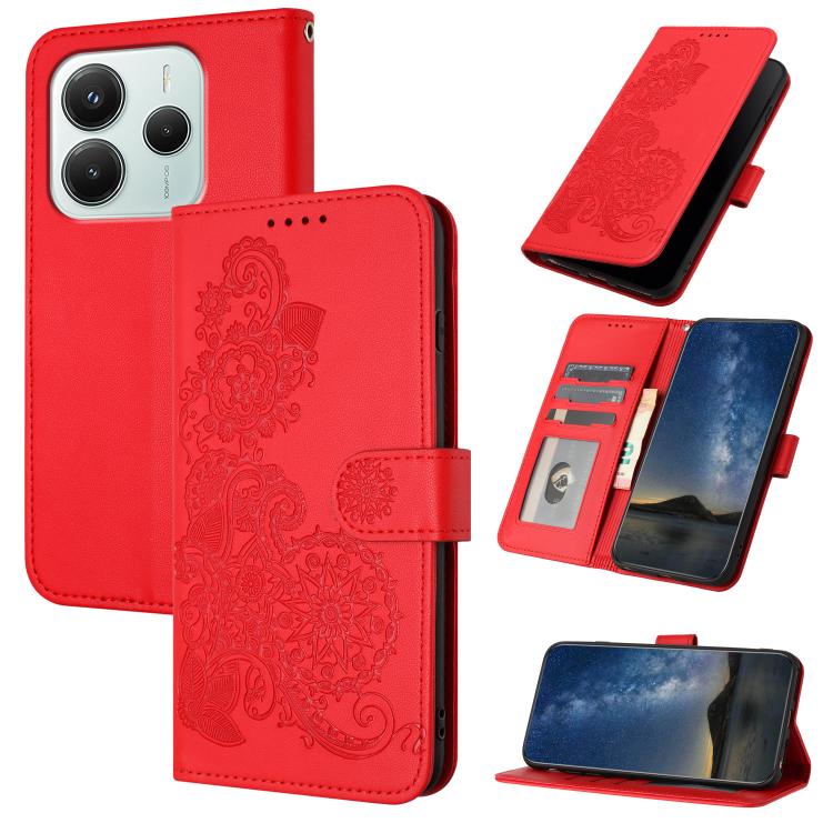 

For Redmi Note 14 4G 164.84mm Datura Flower Embossed Flip Leather Phone Case(Red)