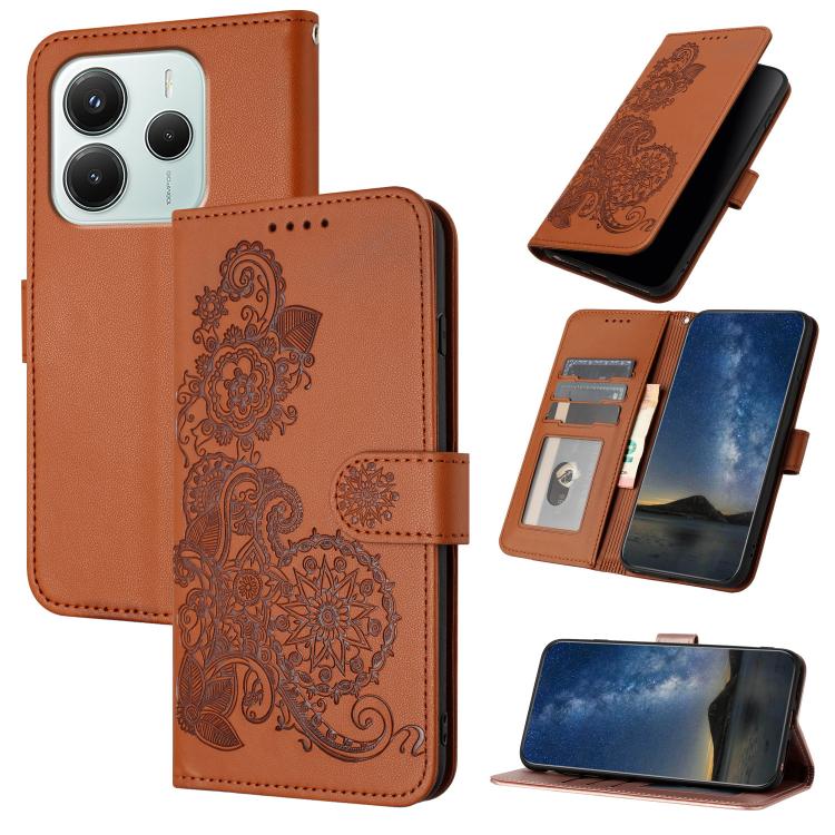 

For Redmi Note 14 4G 164.84mm Datura Flower Embossed Flip Leather Phone Case(Brown)