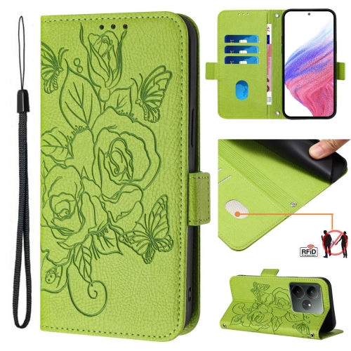 

For Realme GT 6 5G Global Embossed Rose RFID Anti-theft Leather Phone Case(Green)