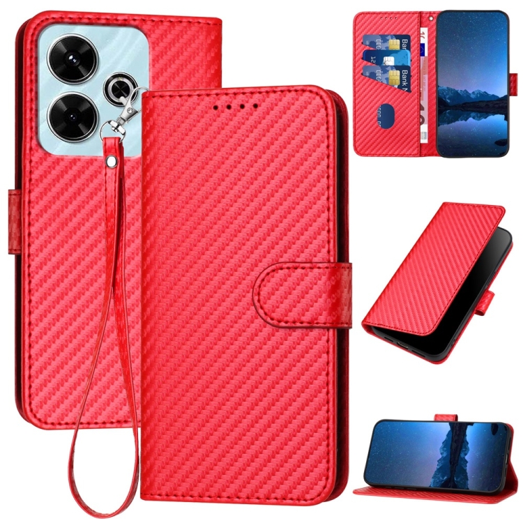 

For Redmi 13 4G YX0070 Carbon Fiber Buckle Leather Phone Case with Lanyard(Red)