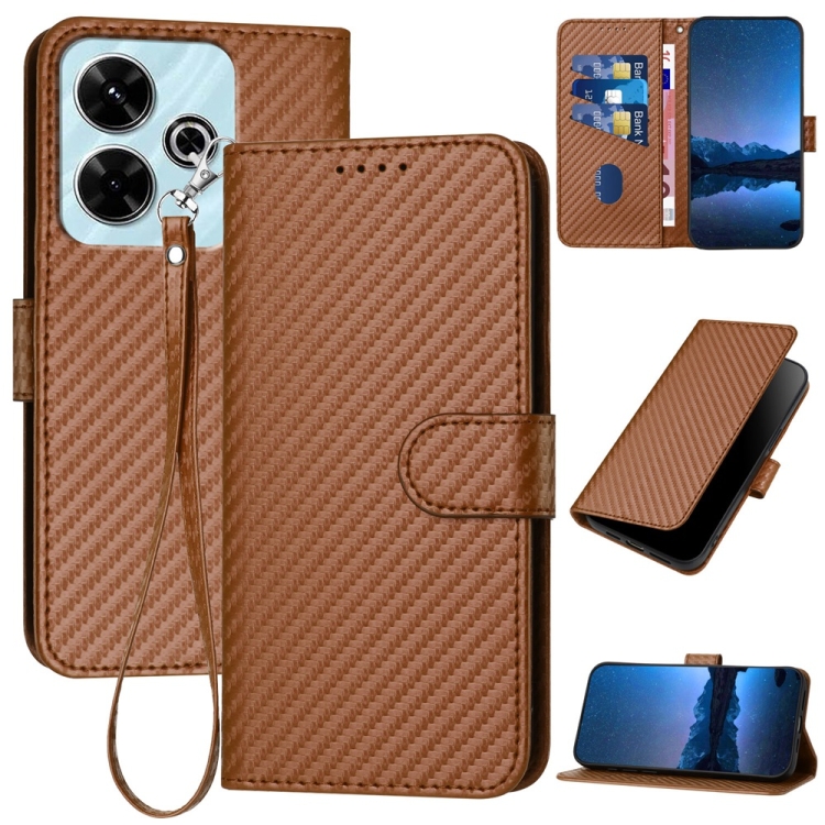 

For Redmi 13 4G YX0070 Carbon Fiber Buckle Leather Phone Case with Lanyard(Coffee)