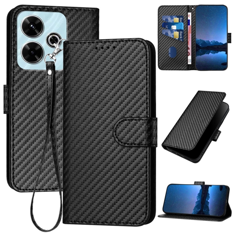 

For Redmi 13 4G YX0070 Carbon Fiber Buckle Leather Phone Case with Lanyard(Black)