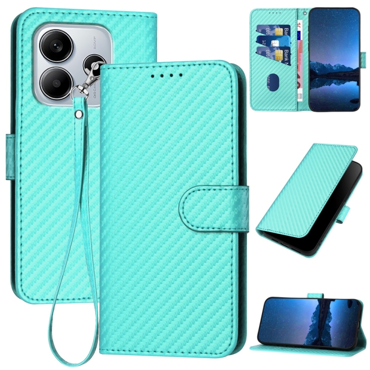 

For Redmi Note 14 5G YX0070 Carbon Fiber Buckle Leather Phone Case with Lanyard(Light Blue)