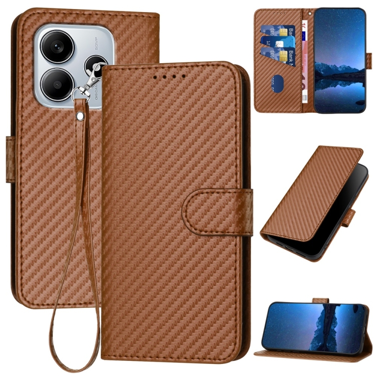 

For Redmi Note 14 5G YX0070 Carbon Fiber Buckle Leather Phone Case with Lanyard(Coffee)