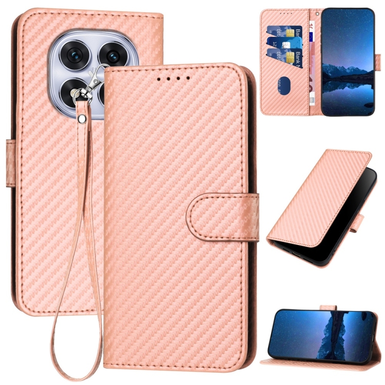 

For Redmi Note 14 Pro 5G YX0070 Carbon Fiber Buckle Leather Phone Case with Lanyard(Pink)