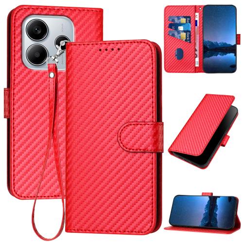 

For Redmi Note 14 4G 163.25mm YX0070 Carbon Fiber Buckle Leather Phone Case with Lanyard(Red)