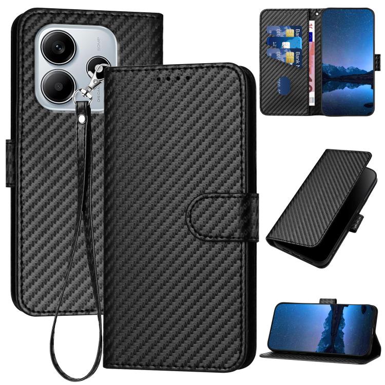 

For Redmi Note 14 4G 163.25mm YX0070 Carbon Fiber Buckle Leather Phone Case with Lanyard(Black)