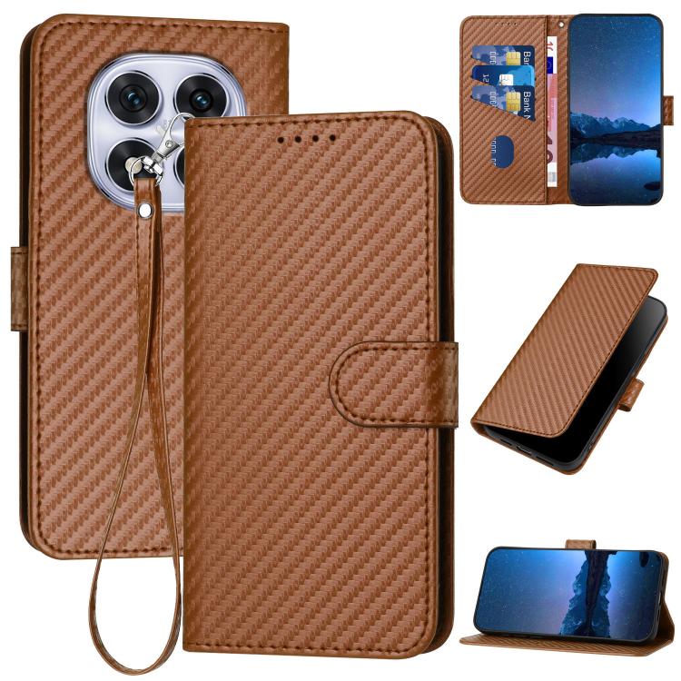 

For Redmi Note 14 Pro 4G YX0070 Carbon Fiber Buckle Leather Phone Case with Lanyard(Coffee)