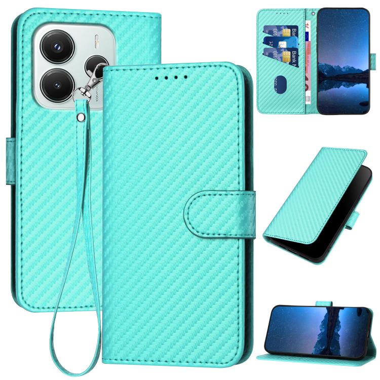 

For Redmi Note 14 4G 164.84mm YX0070 Carbon Fiber Buckle Leather Phone Case with Lanyard(Light Blue)