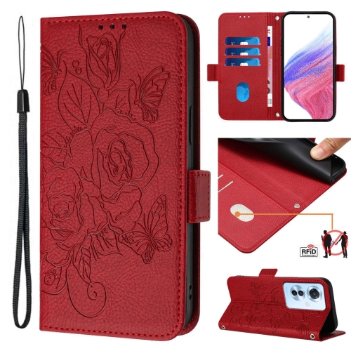 

For OPPO Reno11 F 5G Global / F25 Pro Embossed Rose RFID Anti-theft Leather Phone Case(Red)