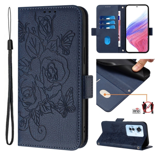 

For OPPO Reno11 F 5G Global / F25 Pro Embossed Rose RFID Anti-theft Leather Phone Case(Dark Blue)