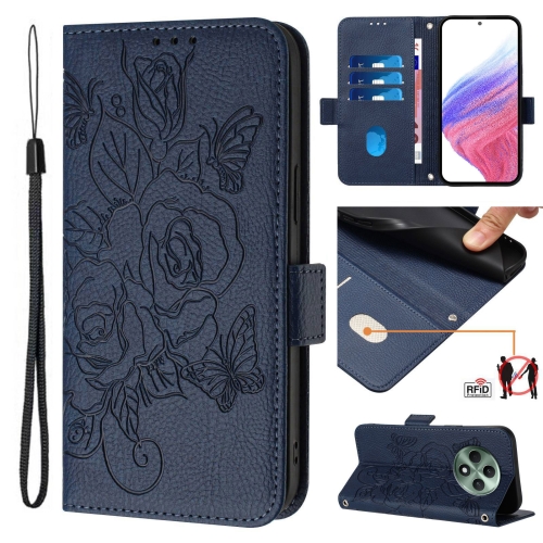 

For OPPO Reno 12F Global Embossed Rose RFID Anti-theft Leather Phone Case(Dark Blue)