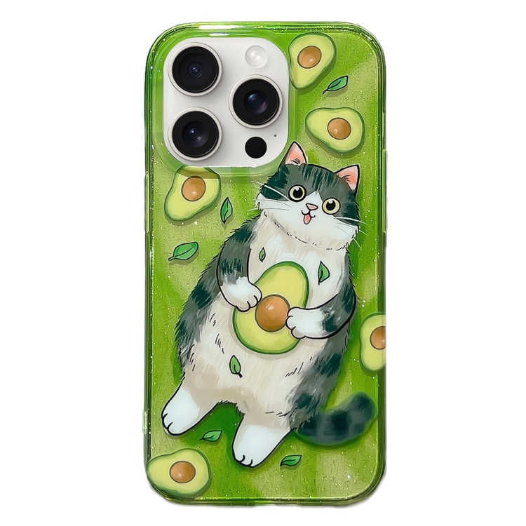 

For iPhone 15 Pro Max Illustration Graffiti Cat Pattern Double Layer LMD Phone Case(Avocado)