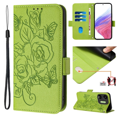 

For itel P55 5G Embossed Rose RFID Anti-theft Leather Phone Case(Green)