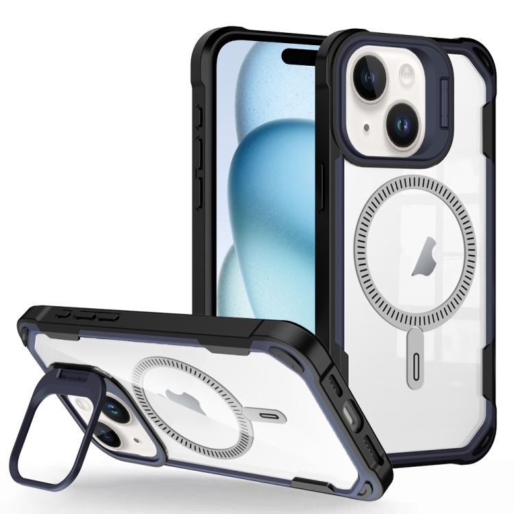 

For iPhone 15 Plus Transparent Acrylic MagSafe Lens Holder Phone Case(Navy)