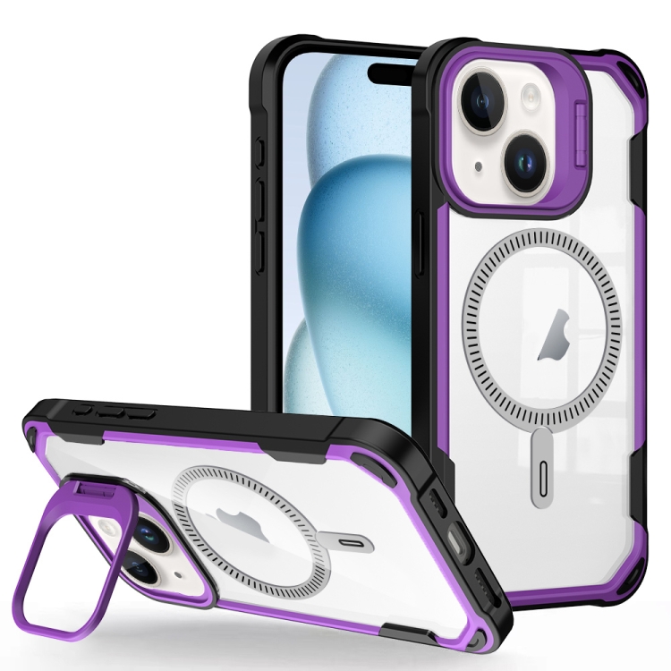 

For iPhone 15 Transparent Acrylic MagSafe Lens Holder Phone Case(Purple)