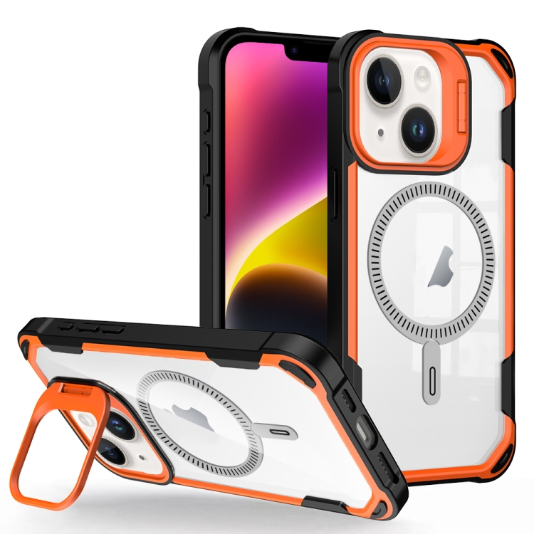 

For iPhone 14 Plus Transparent Acrylic MagSafe Lens Holder Phone Case(Orange)