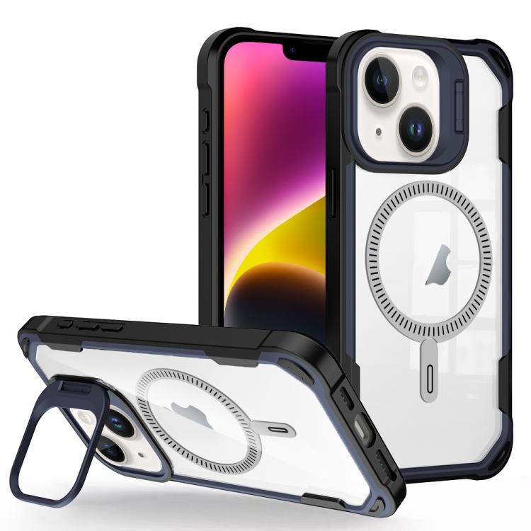 

For iPhone 14 Transparent Acrylic MagSafe Lens Holder Phone Case(Navy)