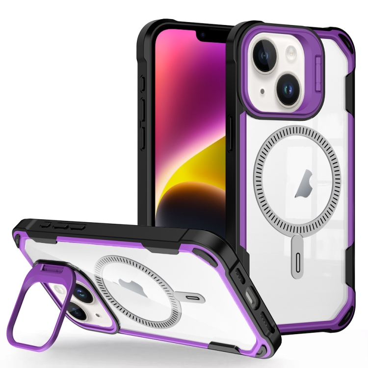 

For iPhone 14 Transparent Acrylic MagSafe Lens Holder Phone Case(Purple)