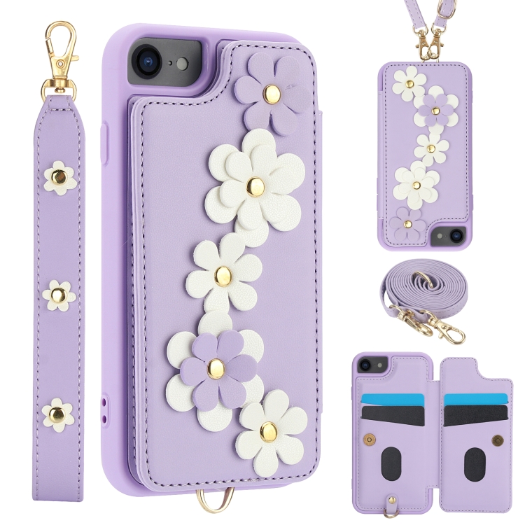 

For iPhone SE 2022 / SE 2020 Crossbody Flower Pattern Leather Phone Case(Purple)