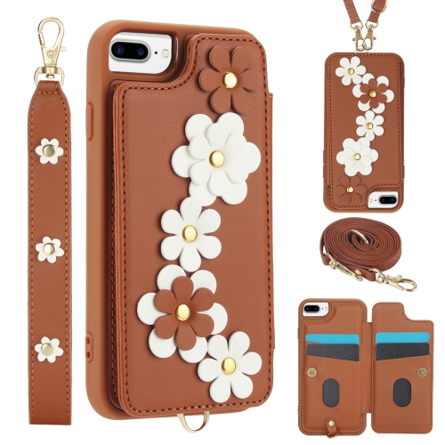 

For iPhone 8 Plus / 7 Plus Crossbody Flower Pattern Leather Phone Case(Brown)
