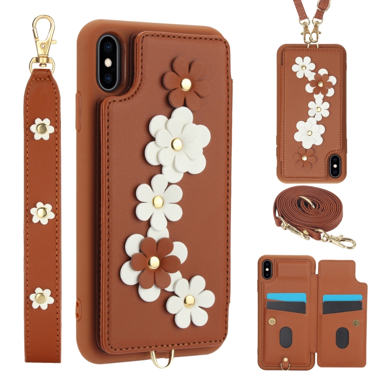

For iPhone XS / X Crossbody Flower Pattern Leather Phone Case(Brown)