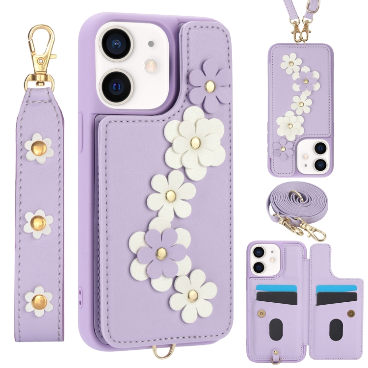

For iPhone 11 Crossbody Flower Pattern Leather Phone Case(Purple)