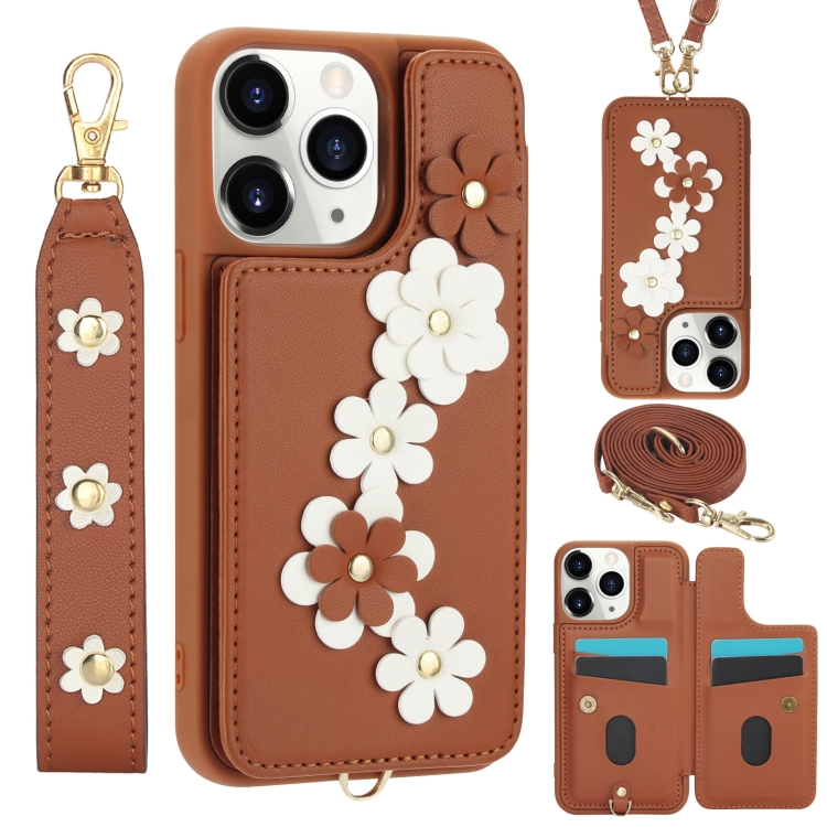 

For iPhone 11 Pro Crossbody Flower Pattern Leather Phone Case(Brown)