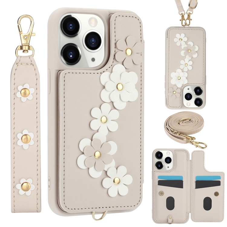 

For iPhone 11 Pro Max Crossbody Flower Pattern Leather Phone Case(White)