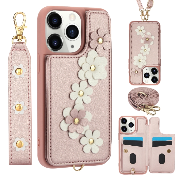 

For iPhone 11 Pro Max Crossbody Flower Pattern Leather Phone Case(Rose Gold)