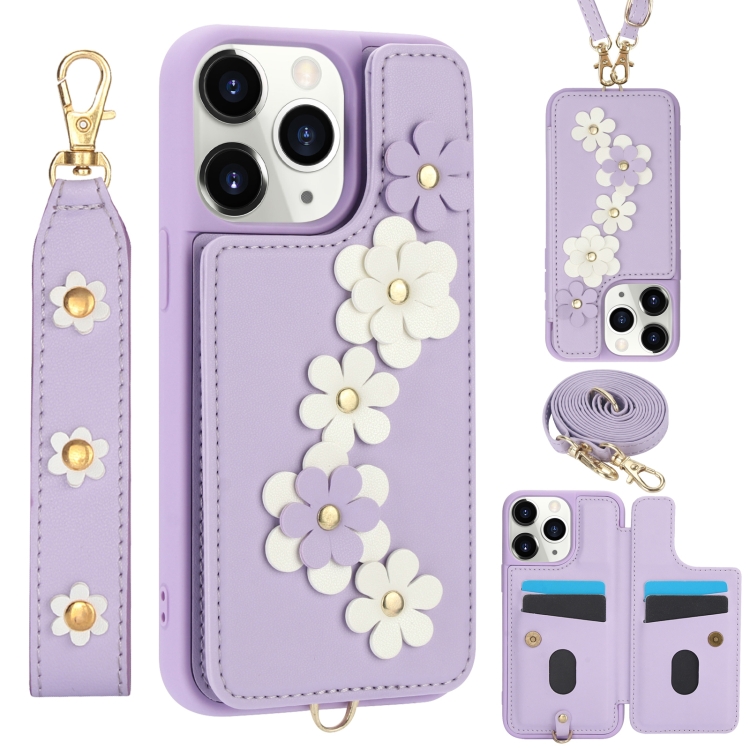 

For iPhone 11 Pro Max Crossbody Flower Pattern Leather Phone Case(Purple)
