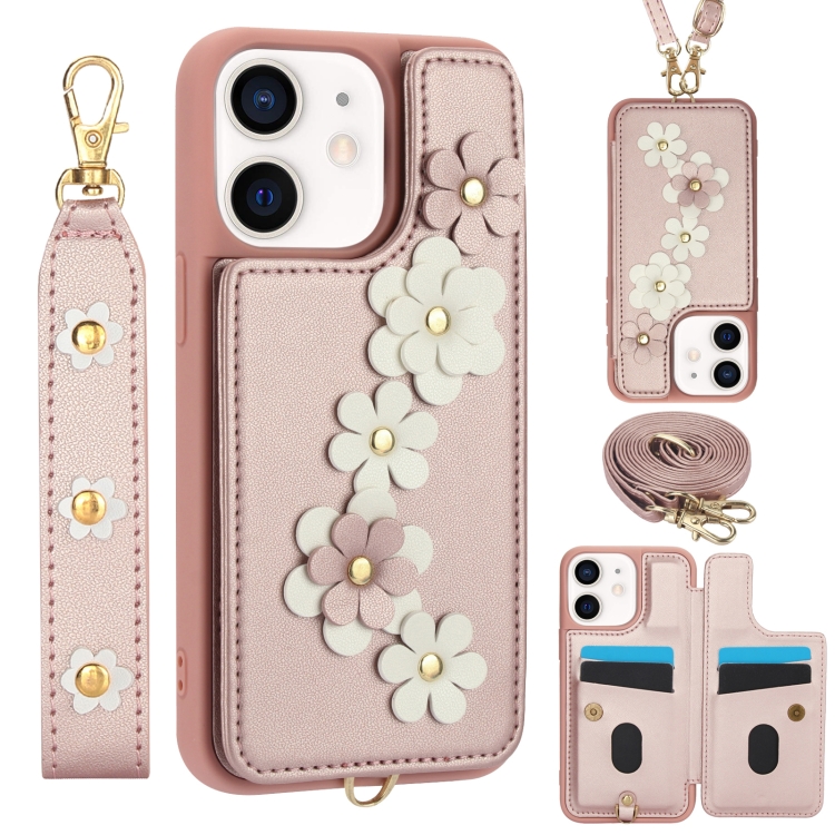 

For iPhone 12 / 12 Pro Crossbody Flower Pattern Leather Phone Case(Rose Gold)
