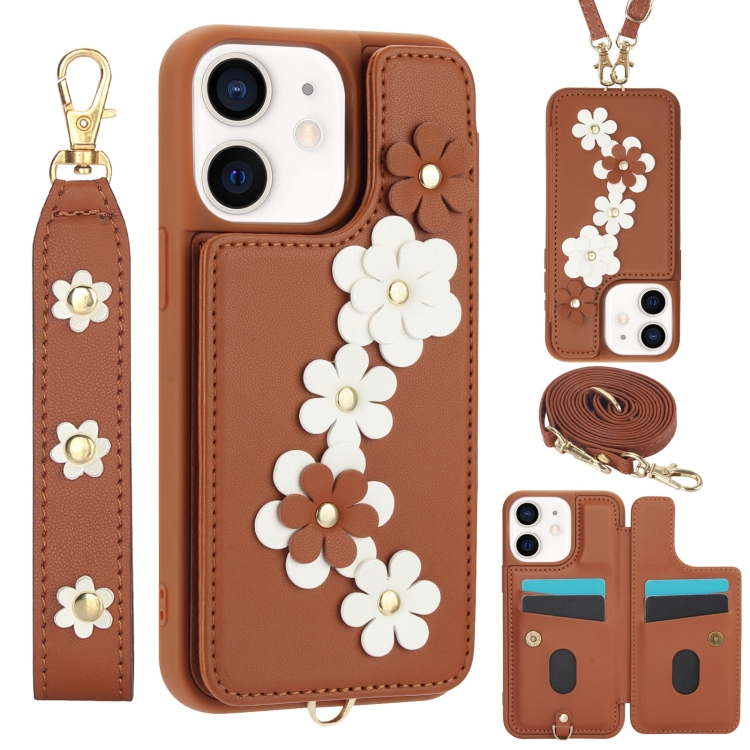 

For iPhone 12 / 12 Pro Crossbody Flower Pattern Leather Phone Case(Brown)