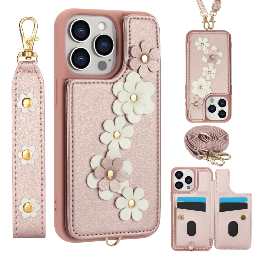 

For iPhone 12 Pro Max Crossbody Flower Pattern Leather Phone Case(Rose Gold)