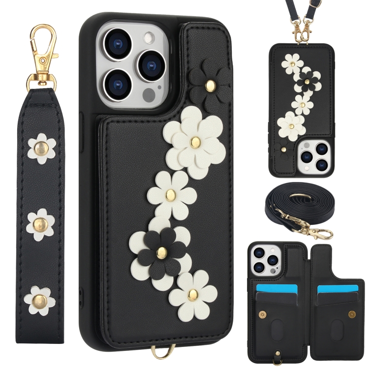 

For iPhone 13 Pro Crossbody Flower Pattern Leather Phone Case(Black)
