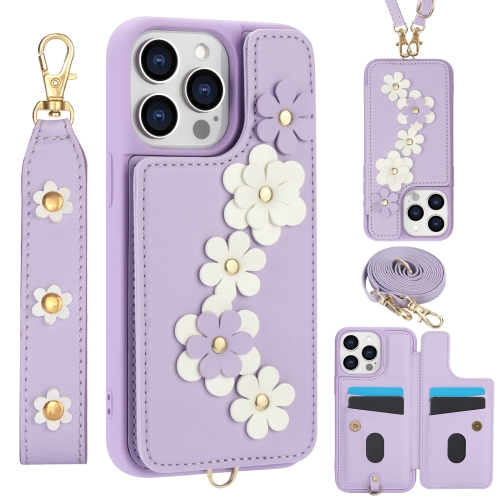 

For iPhone 13 Pro Crossbody Flower Pattern Leather Phone Case(Purple)