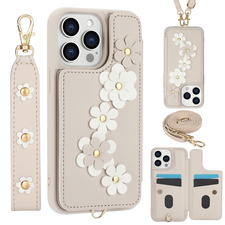 

For iPhone 13 Pro Max Crossbody Flower Pattern Leather Phone Case(White)