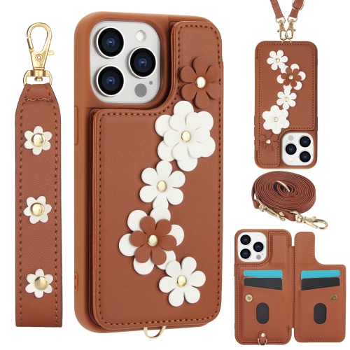 

For iPhone 13 Pro Max Crossbody Flower Pattern Leather Phone Case(Brown)