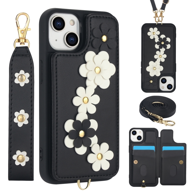 

For iPhone 14 / 13 Crossbody Flower Pattern Leather Phone Case(Black)