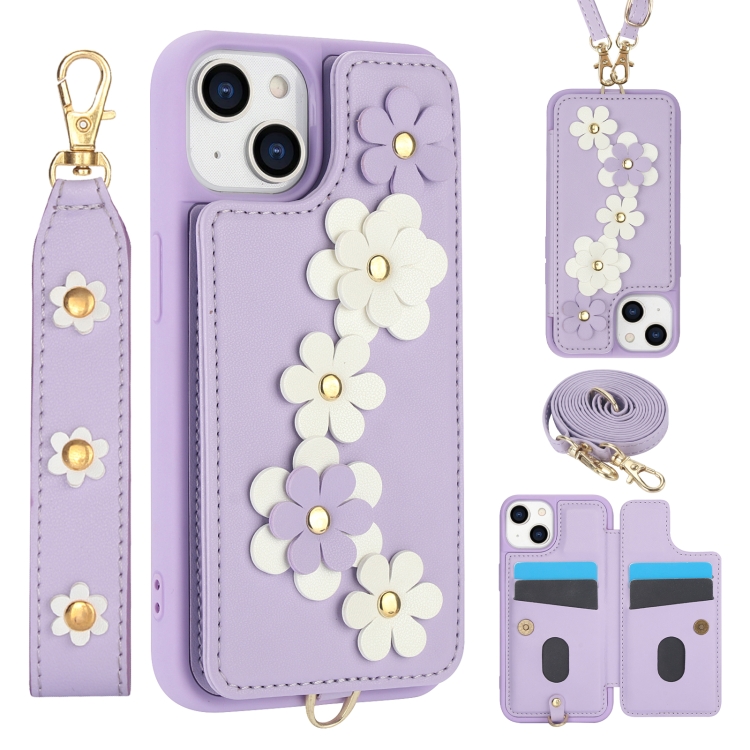 

For iPhone 14 / 13 Crossbody Flower Pattern Leather Phone Case(Purple)