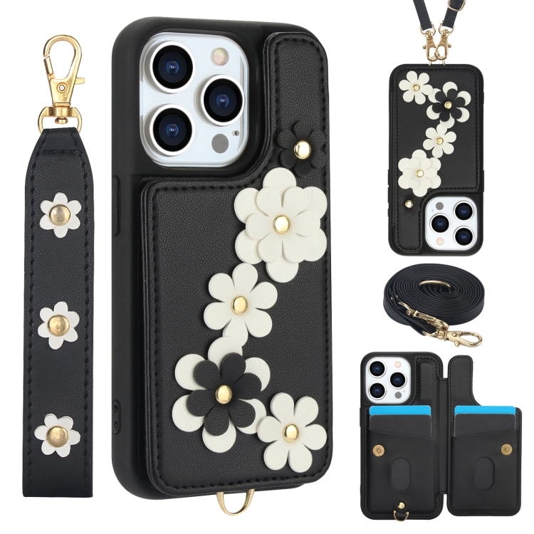 

For iPhone 14 Pro Crossbody Flower Pattern Leather Phone Case(Black)