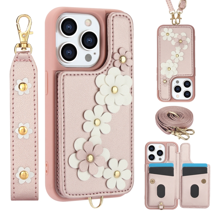 

For iPhone 14 Pro Crossbody Flower Pattern Leather Phone Case(Rose Gold)