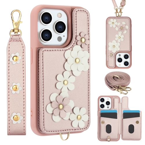 

For iPhone 14 Pro Max Crossbody Flower Pattern Leather Phone Case(Rose Gold)