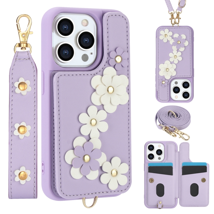 

For iPhone 14 Pro Max Crossbody Flower Pattern Leather Phone Case(Purple)