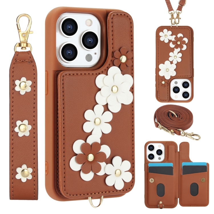 

For iPhone 14 Pro Max Crossbody Flower Pattern Leather Phone Case(Brown)