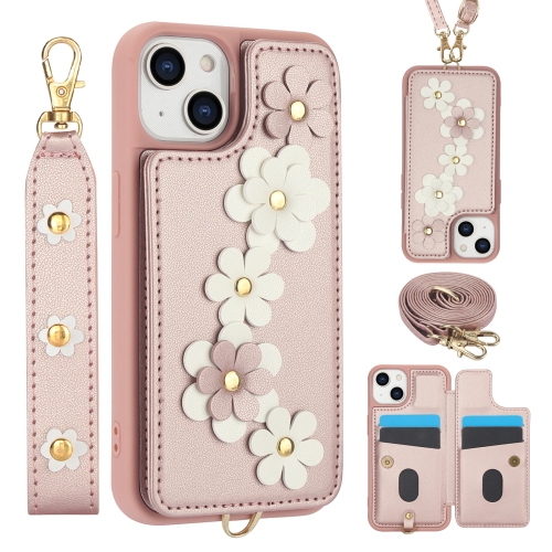 

For iPhone 15 Crossbody Flower Pattern Leather Phone Case(Rose Gold)