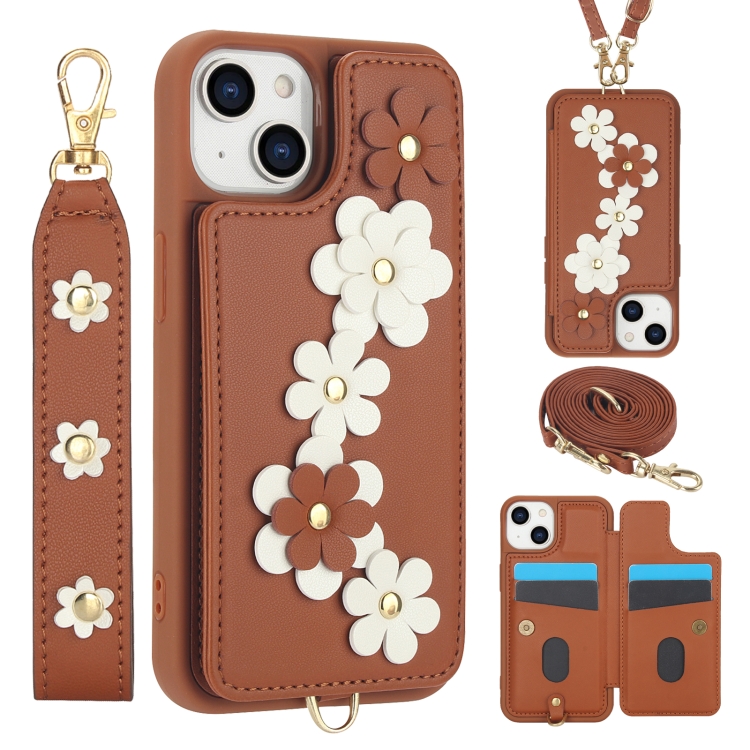 

For iPhone 15 Crossbody Flower Pattern Leather Phone Case(Brown)