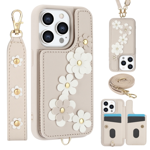 

For iPhone 15 Pro Max Crossbody Flower Pattern Leather Phone Case(White)