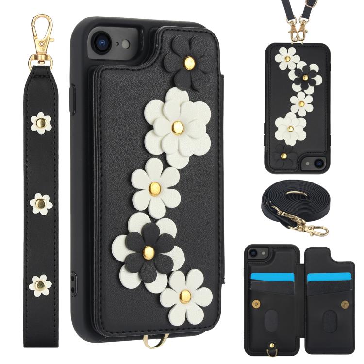 

For iPhone 16e Crossbody Flower Pattern Leather Phone Case(Black)