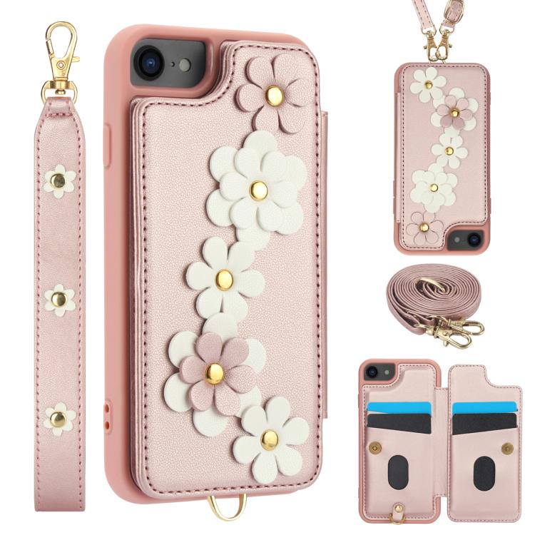 

For iPhone 16e Crossbody Flower Pattern Leather Phone Case(Rose Gold)